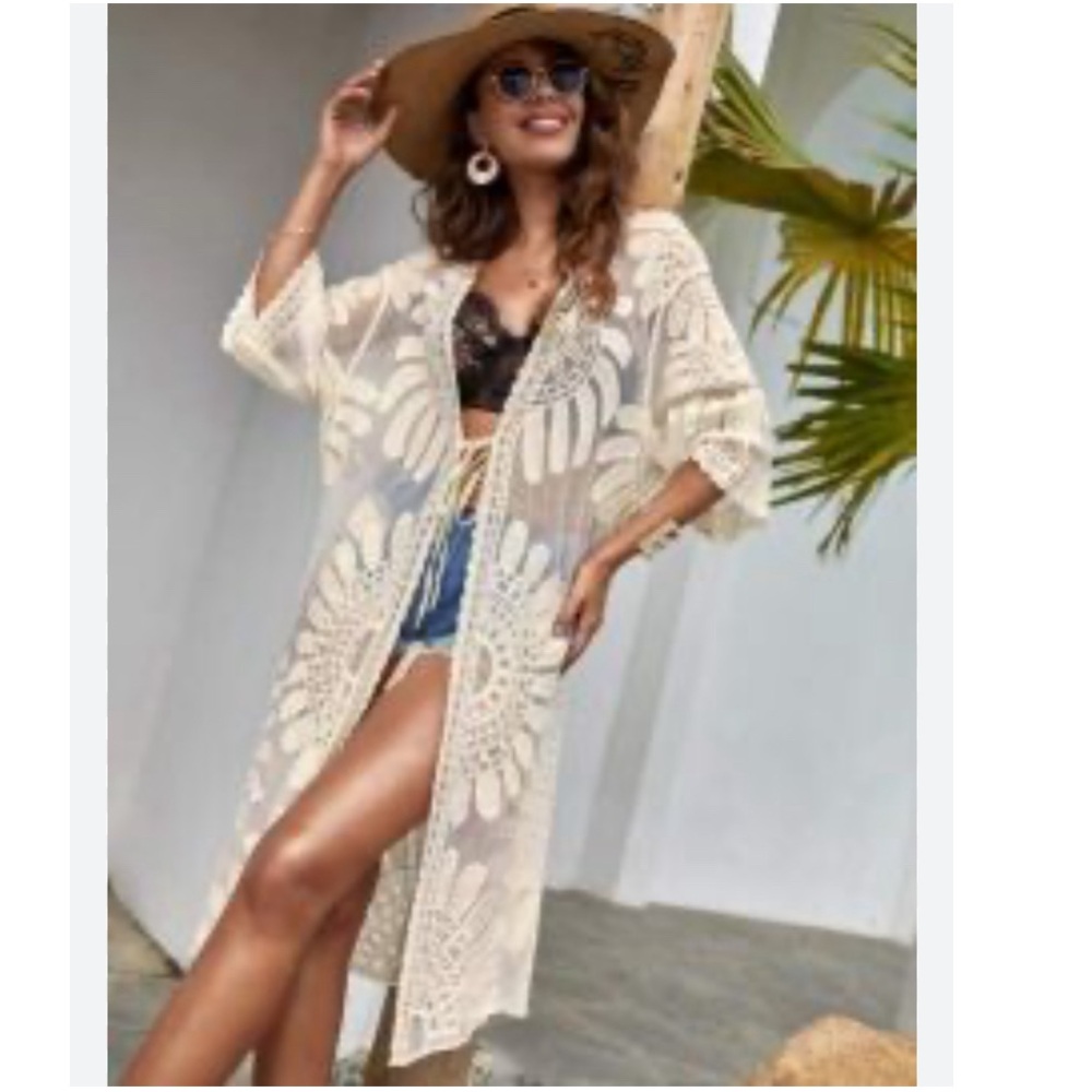Sheer Embroidered Crochet Mesh Tie Front Kimono Duster Size Large